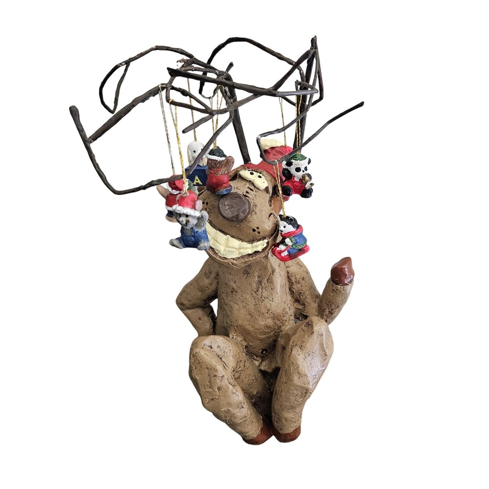 Whimsical resin seated brown reindeer mini Christmas ornaments hanging  antlers